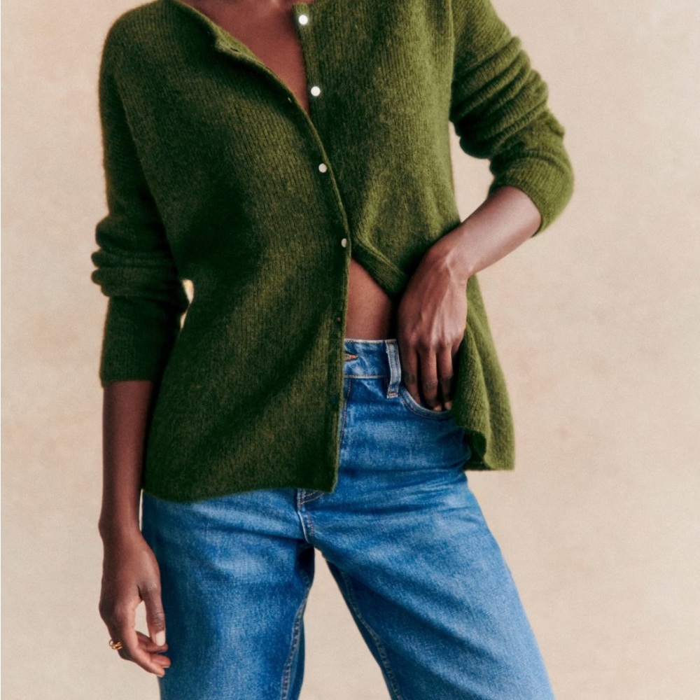 Sezane Green Cardigan Sweater Timeless Knit